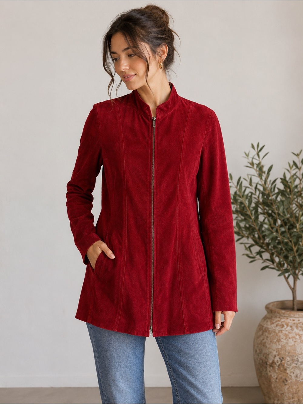 Preston & York Genuine Leather Zip Front Jacket Red Size Large